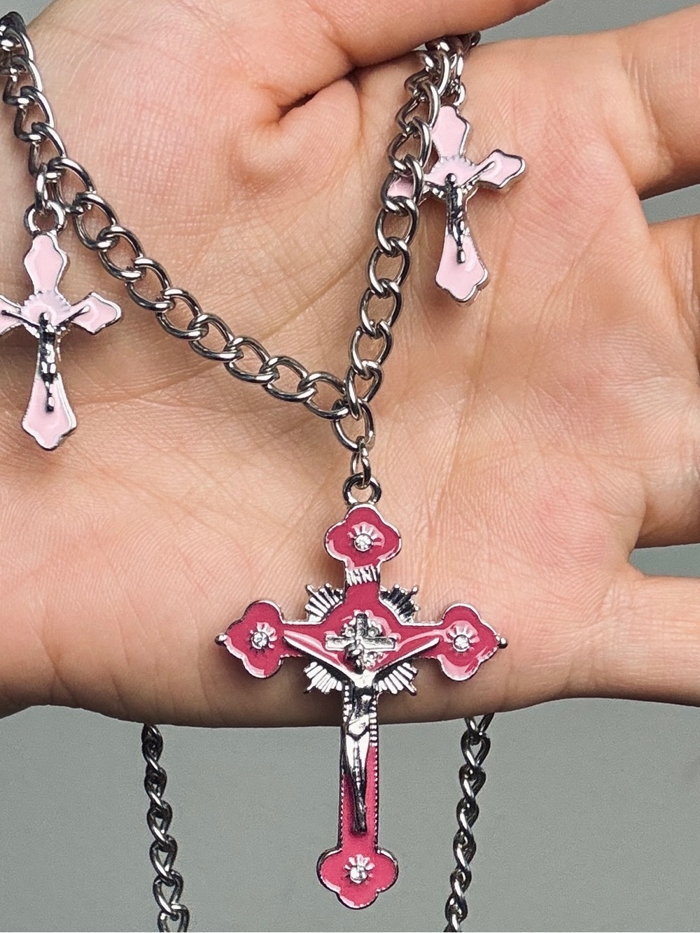 Pink Enamel Cross Pendant Necklace